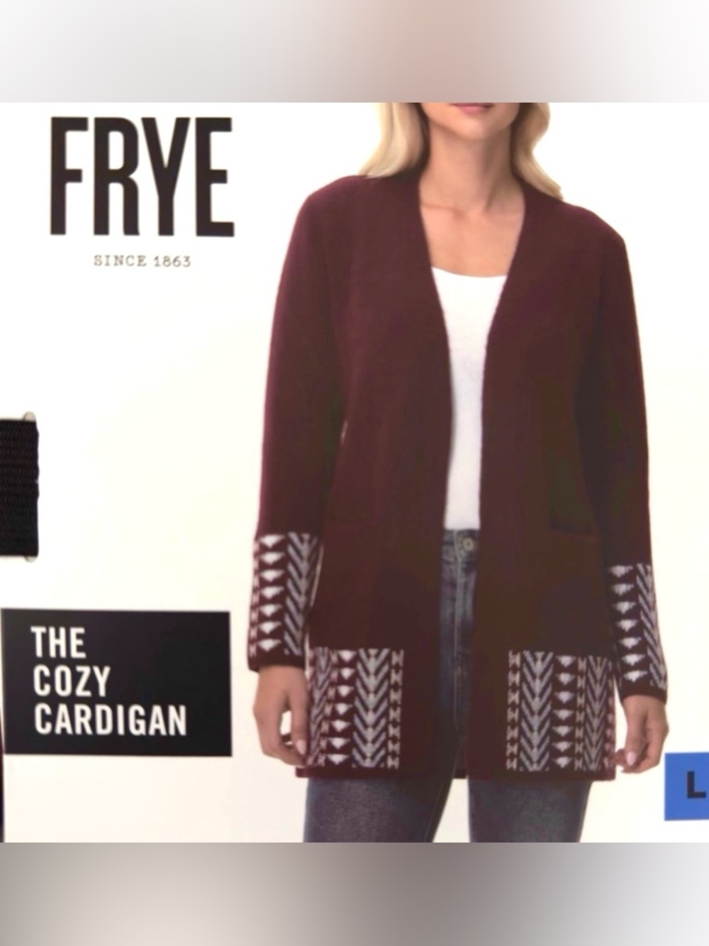 New Frye New Cozy Geometric Open Front Burgundy White Cardigan Size L - Picture 3 of 10